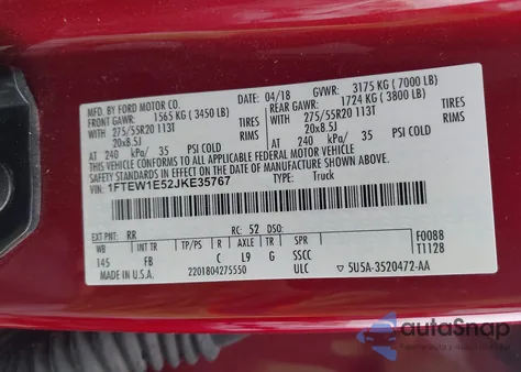 2018 Ford F-150 Xlt из США, поврежденный, VIN 1FTEW1E52JKE35767